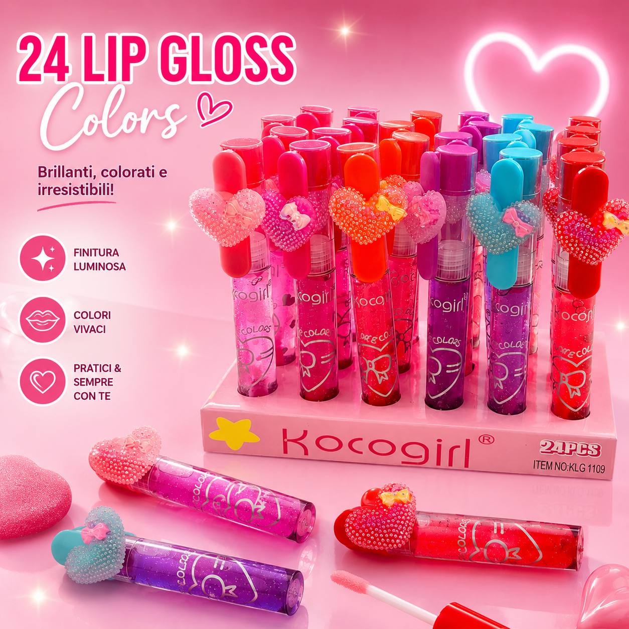 Kocogirl Lip Gloss Colors – Set 24 Gloss Labbra Colorati con Charm Cuore | Rosso, Azzurro, Lilla, Arancione, Rosa Scuro e Rosa
