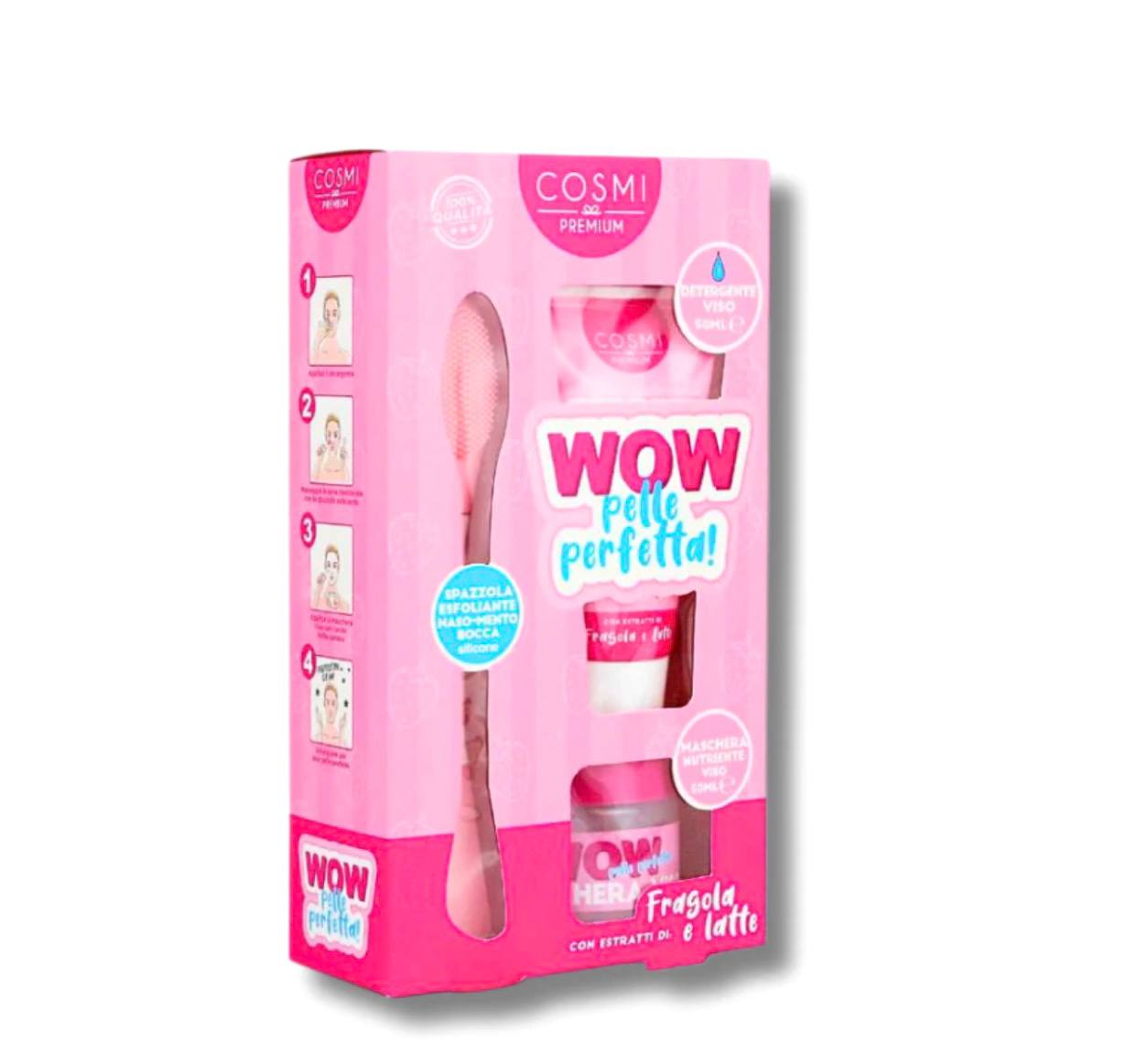 Kit WOW Pelle Perfetta di Cosmi, un set per la cura del viso. Il kit include un detergente viso, una maschera nutriente viso e una spazzola esfoliante in silicone.