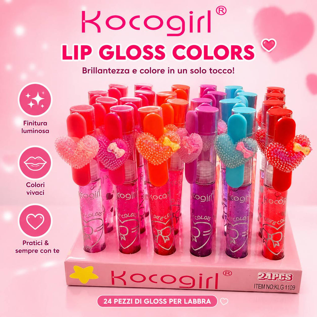Kocogirl Lip Gloss Colors – Set 24 Gloss Labbra Colorati con Charm Cuore | Rosso, Azzurro, Lilla, Arancione, Rosa Scuro e Rosa