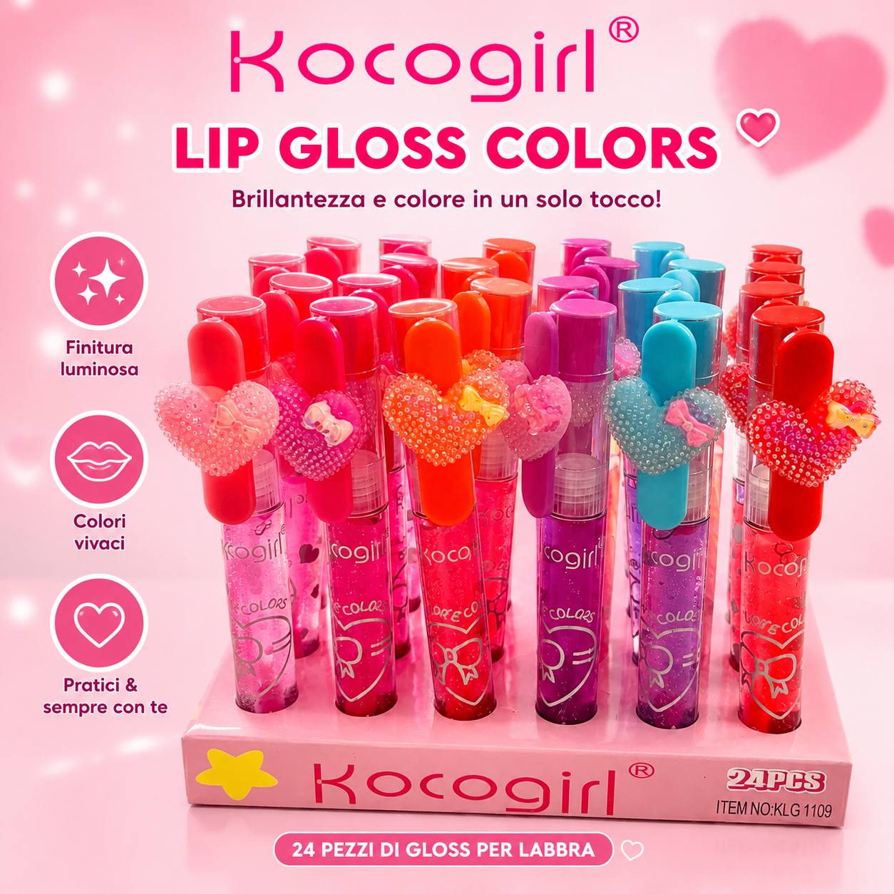 Kocogirl Lip Gloss Colors – Set 24 Gloss Labbra Colorati con Charm Cuore | Rosso, Azzurro, Lilla, Arancione, Rosa Scuro e Rosa
