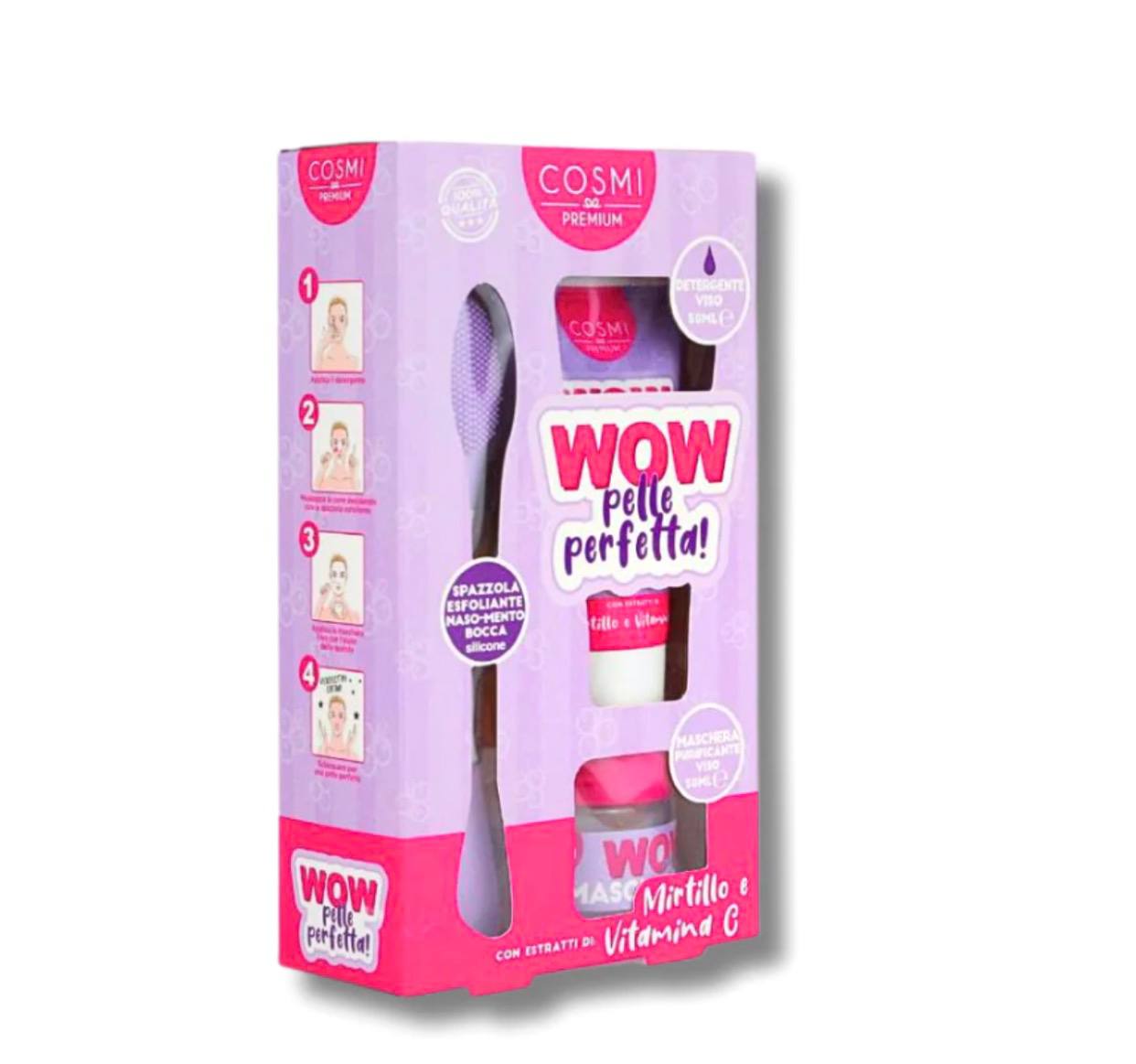 Kit WOW Pelle Perfetta di Cosmi, un set per la cura del viso. Il kit include un detergente viso, una maschera nutriente viso e una spazzola esfoliante in silicone.
